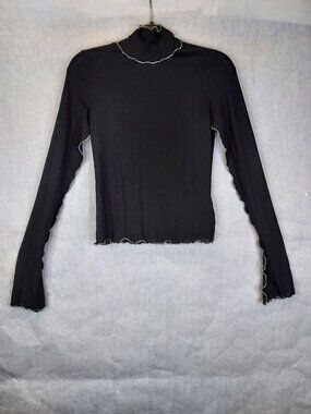 Zara Semi Sheer Blouse Women's S Lettice Hem Black Ribbed High Neck Flare Sleeve